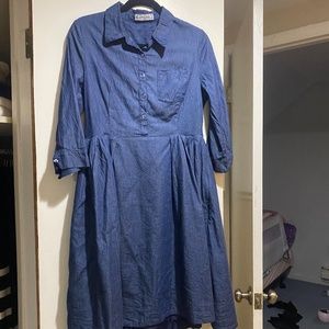miss finch denim smock pleated dress